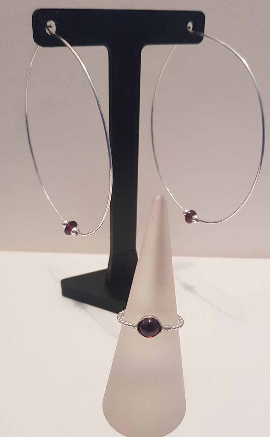 Handmade Sterling Silver Hoop Earrings : with garnet beads : made to order