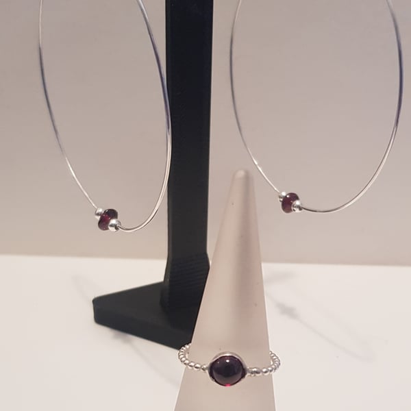 Handmade Sterling Silver Hoop Earrings : with garnet beads : made to order