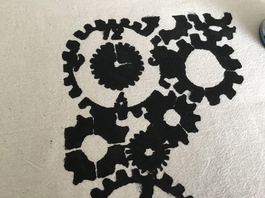 Recycled, hand stenciled tote bag. Cogs. CC76. Seconds Sunday