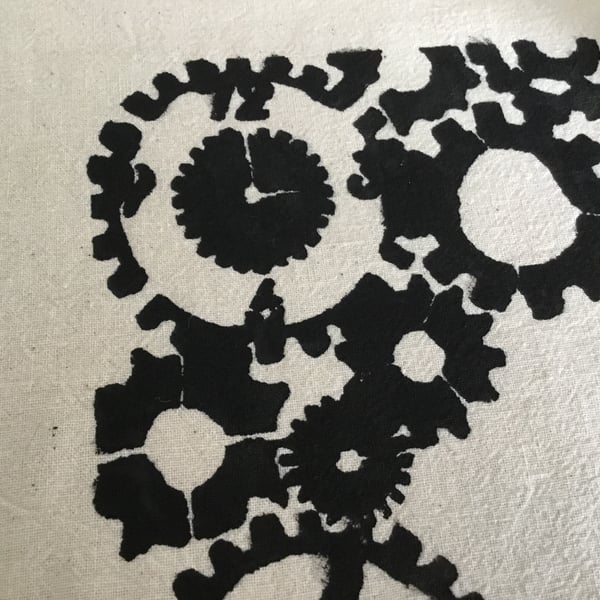 Recycled, hand stenciled tote bag. Cogs. CC76. Seconds Sunday