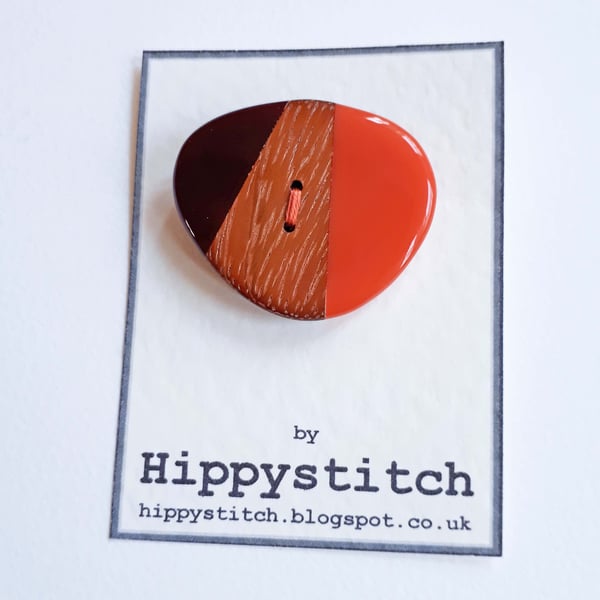 Coral, Wood & Brown Button Brooch