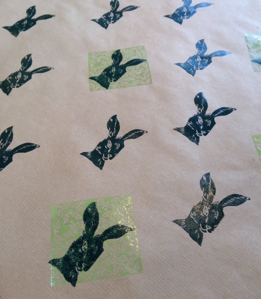 Hand printed Hare & Holly Gift Wrap