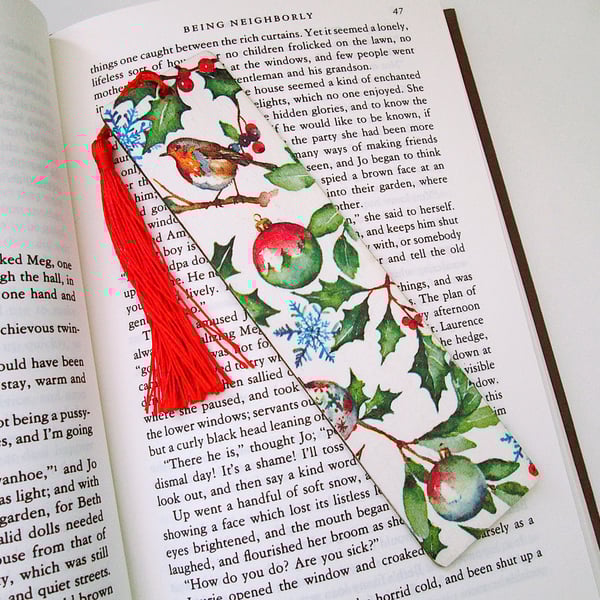 Robin and baubles Christmas wood decoupage bookmark with tassel