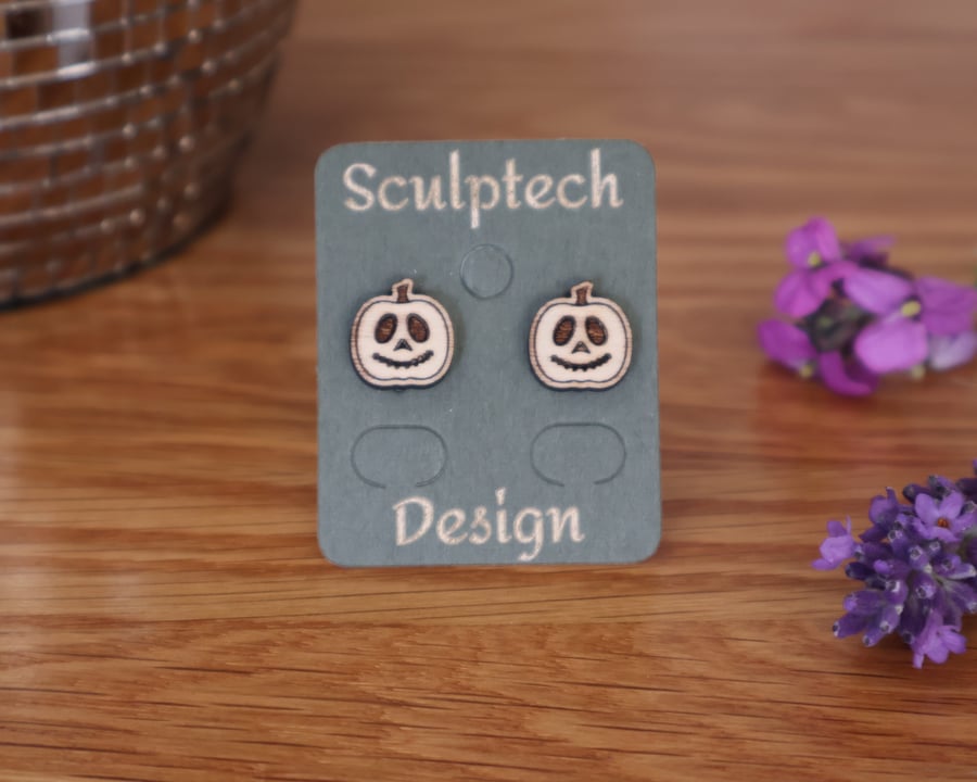Wood Pumpkin Earrings, Halloween Themed Studs with Hypoallergenic Posts, Gifts