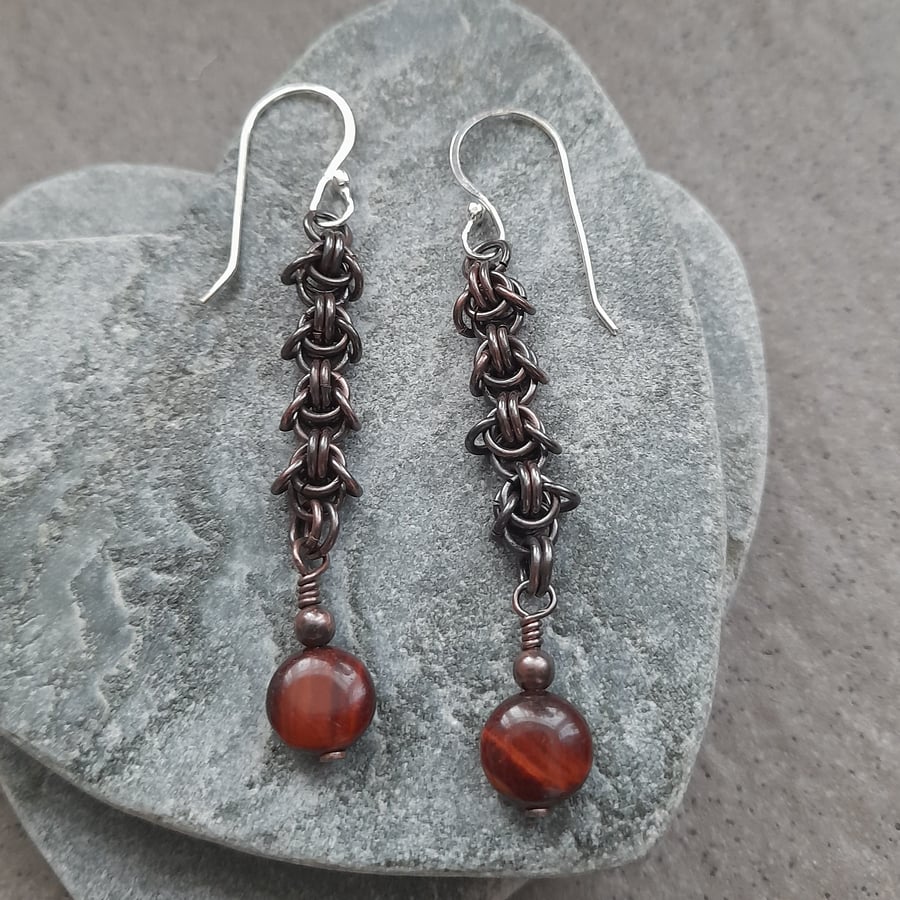 Oxidised Copper Chainmaille Earrings With Tigers Eye Sterling Silver Ear Wires