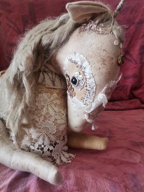 Textile art sculpture, Unicorn, mythical, fantasy art. OOAK art, unicorn