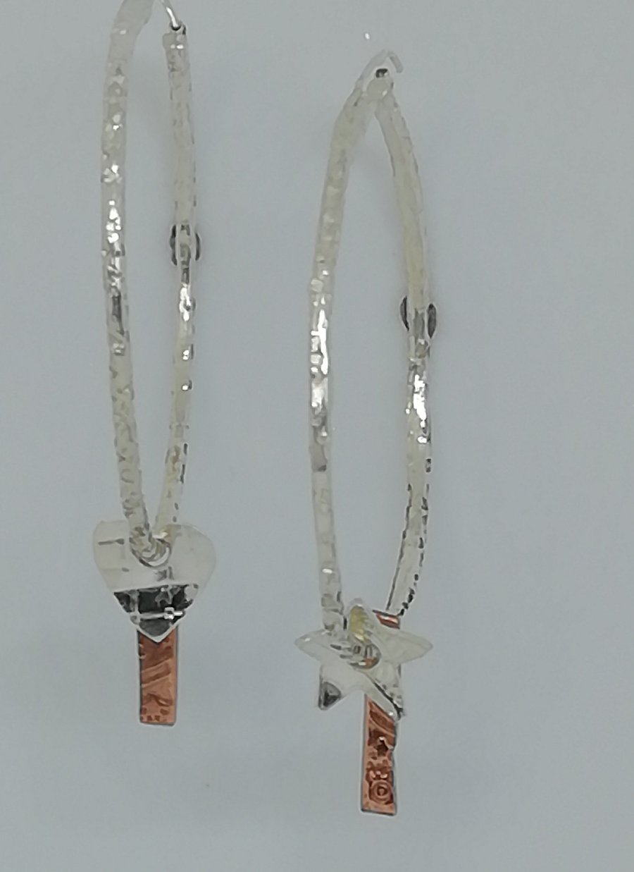Sterling Silver Hoop Earrings with Heart, Star and Copper Charms 