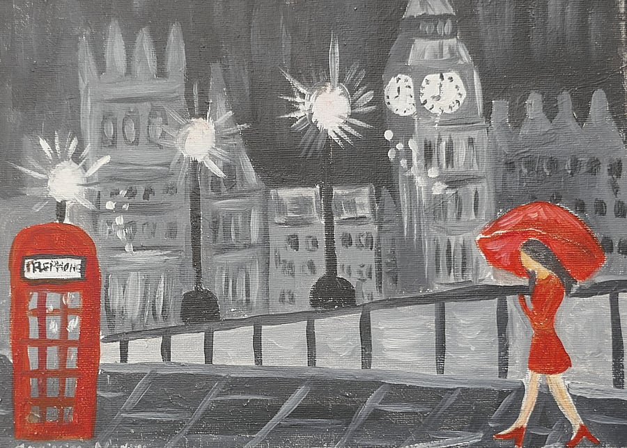 London in Black and Red acrylic painting on canvas 9" x 12"