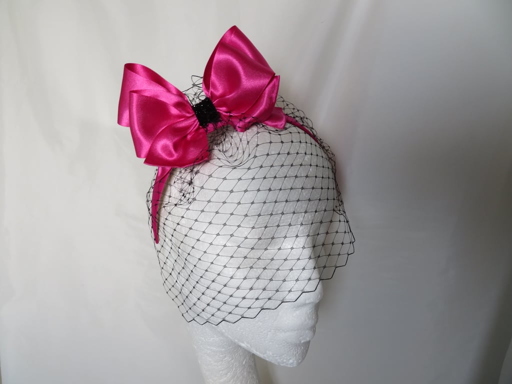 Raspberry Pink Bow Headband Retro Black Veil  Fascinator