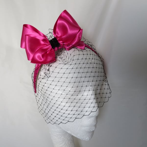 Raspberry Pink Bow Headband Retro Black Veil  Fascinator