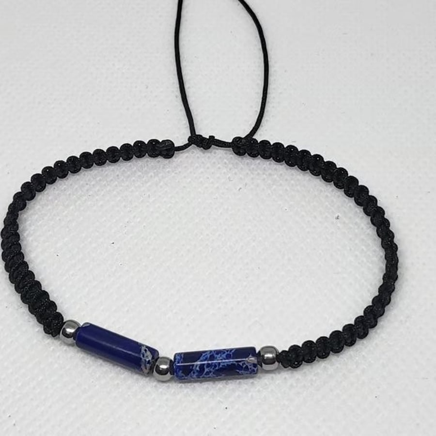 Men's Lapis Lazuli Bracelet Adjustable Black Nylon Cord Stainless Steel