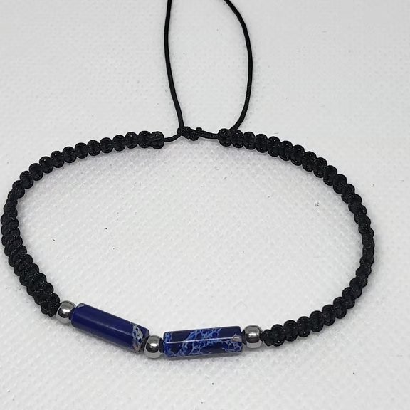 Men's Lapis Lazuli Bracelet Adjustable Black Nylon Cord Stainless Steel