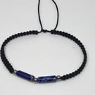 Men's Lapis Lazuli Bracelet Adjustable Black Nylon Cord Stainless Steel
