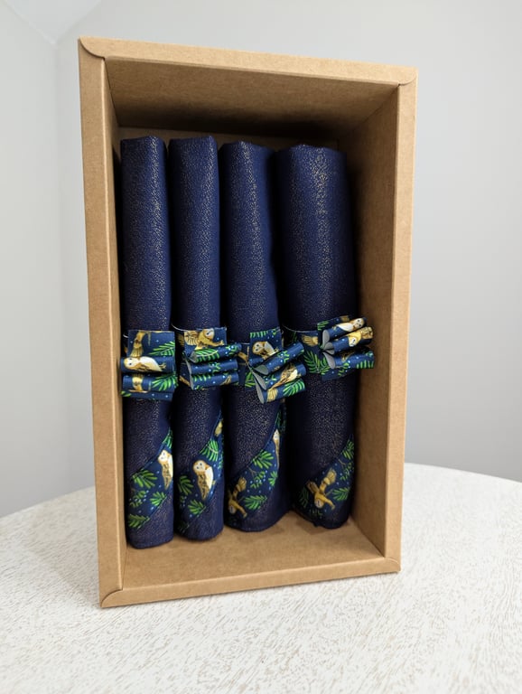 Christmas Napkins and Rings Four Set: Owls and Mistletoe Design