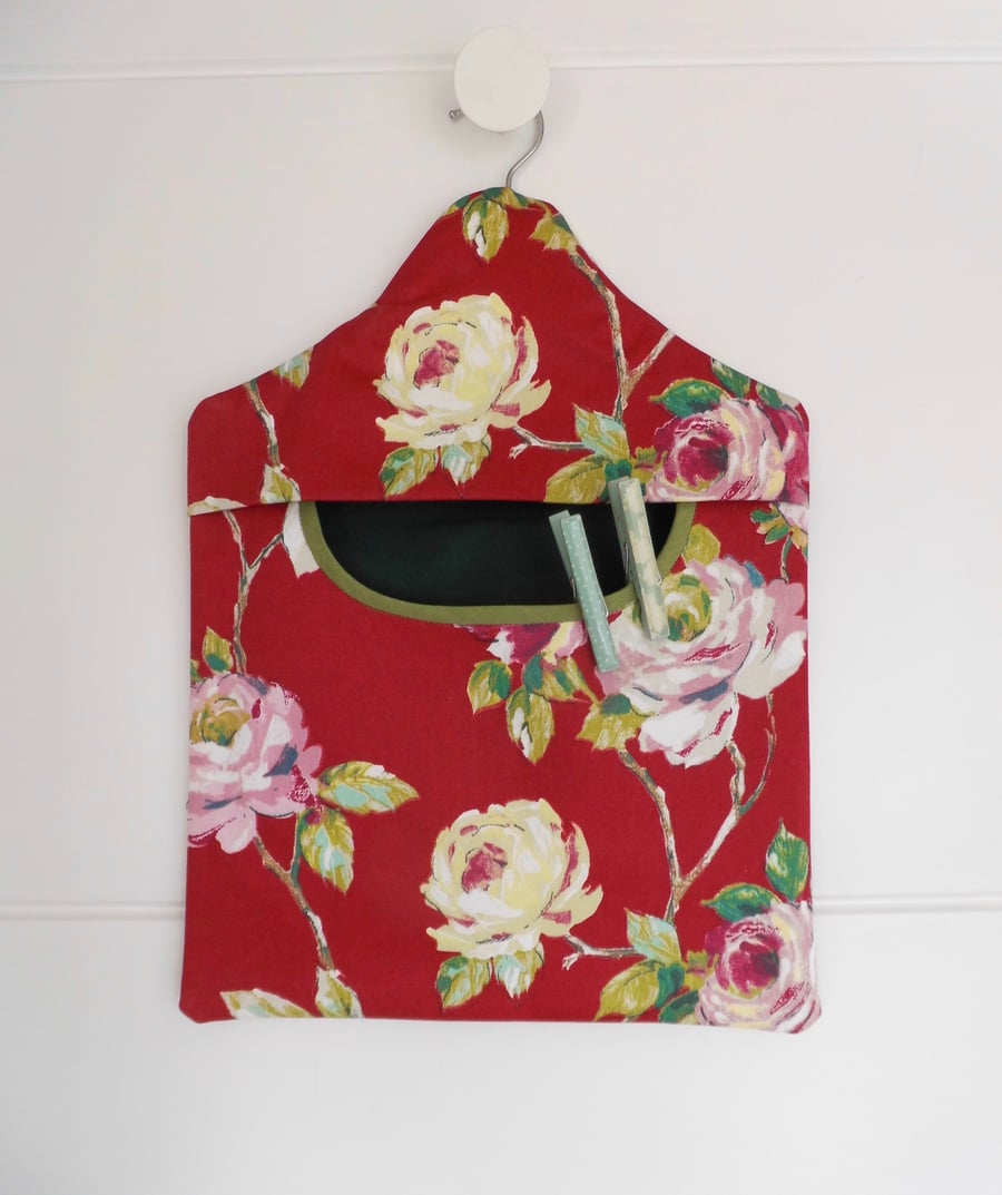 SOLD Peg bag in red floral cotton fabric clothes pins bag 