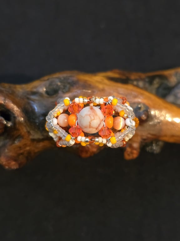 Orange Red Net Jasper Adjustable Statement Ring