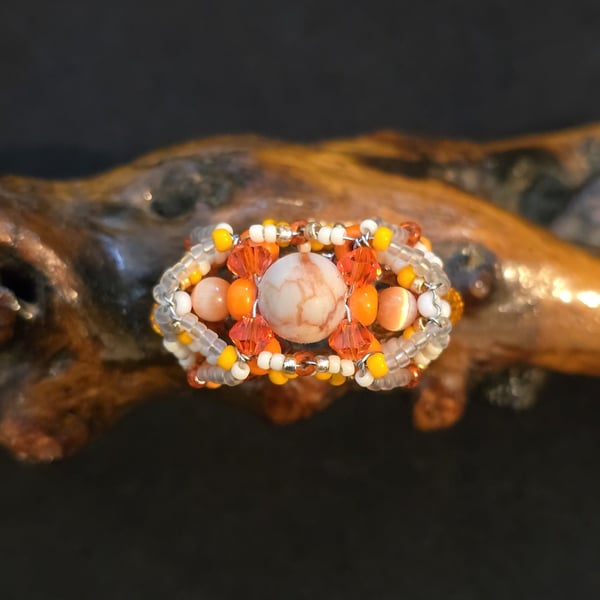 Orange Red Net Jasper Adjustable Statement Ring