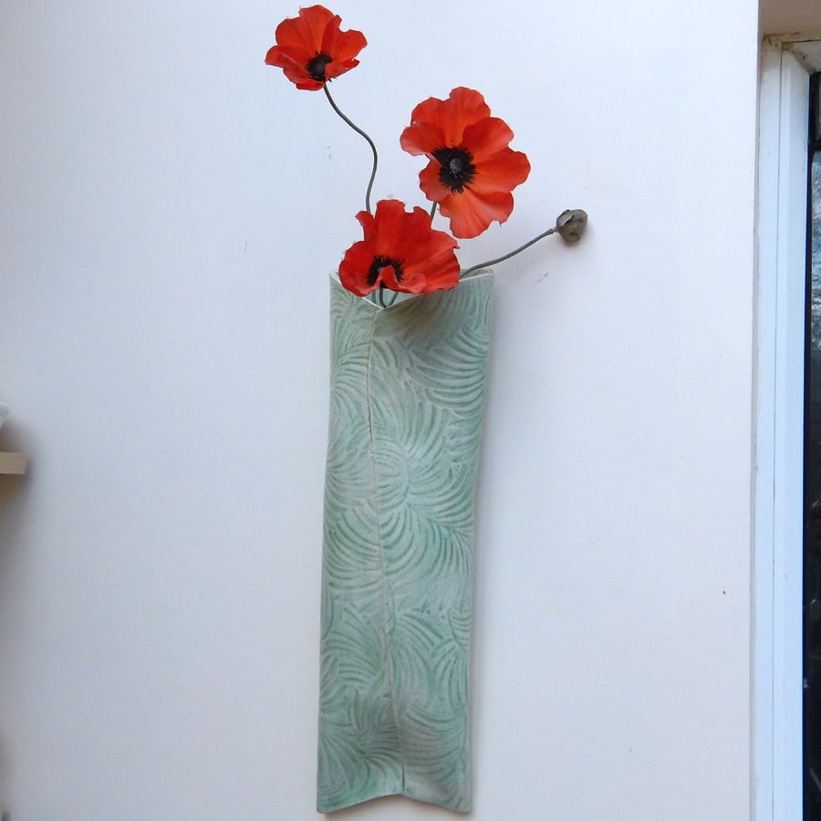 Wall vase handmade in textured stoneware pottery ceramic flower bouquet spray