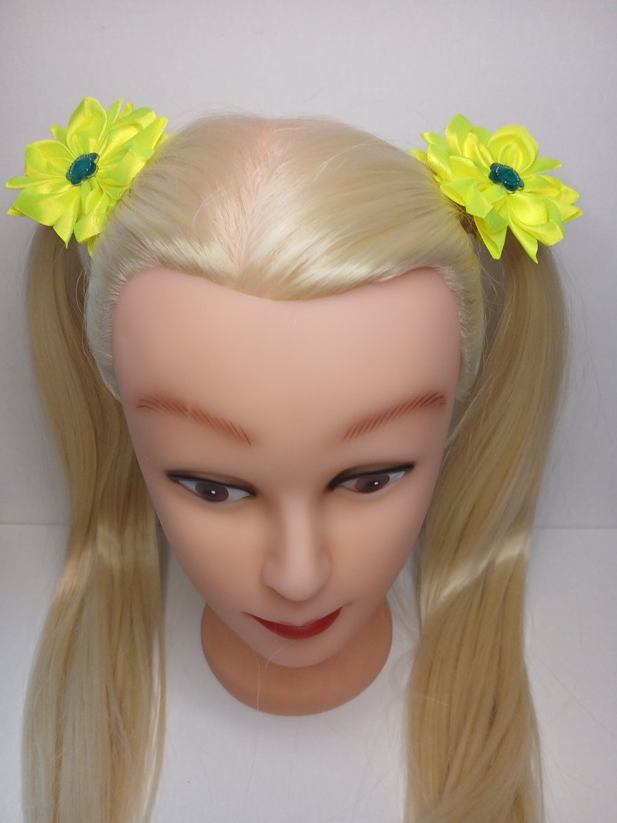 Neon Yellow Satin Flower Hair Bobbles – Handmade Ribbon Hair Ties for Girls
