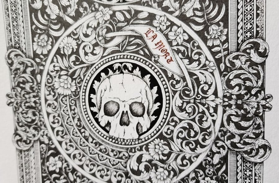 Print - La Mort, decorative skull memento mori black ink line art