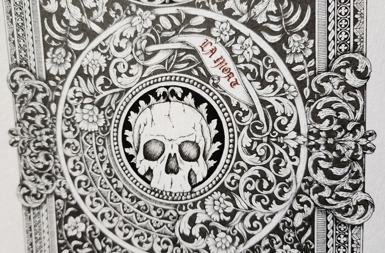 Print - La Mort, decorative skull memento mori black ink line art