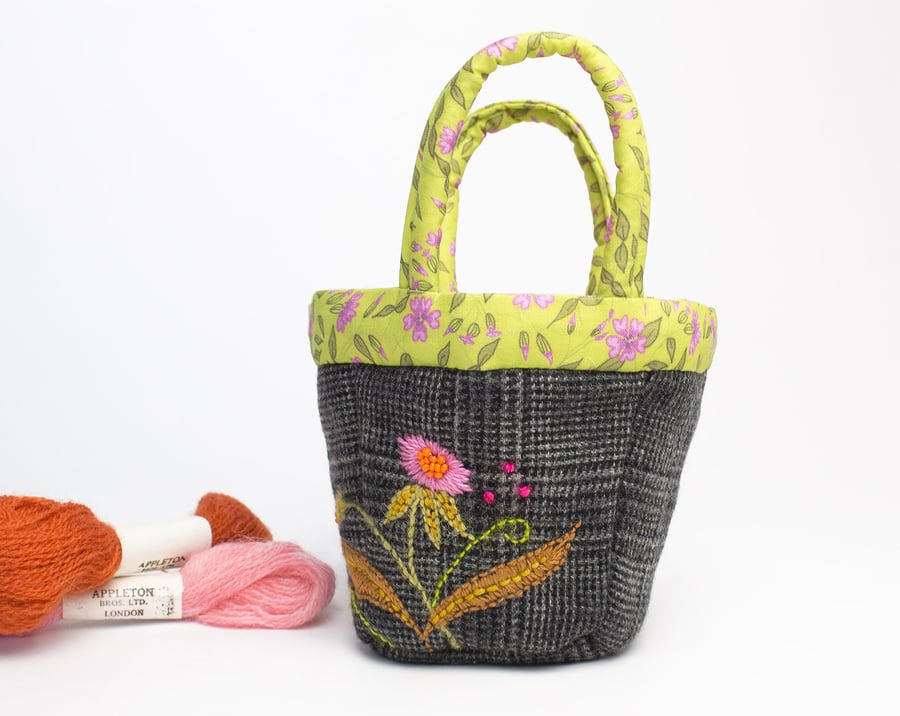 Tiny Prince of Wales check fabric with Suzie embroidery