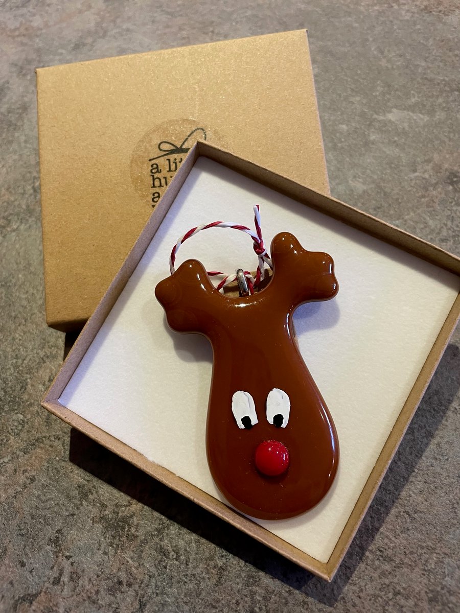 A Little Hug in a Box Fused Glass Painted Rudolph Christmas Tree Decoration