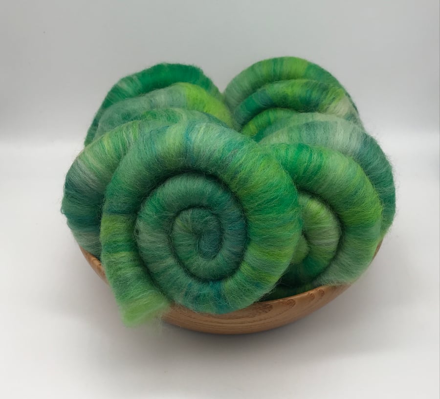 Emerald Mix hand blended rolags Merino & Mulberry Silk - approx 100g