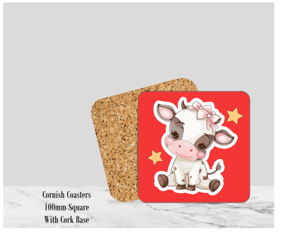Red Happy Cow Coaster 4" Square With Cork Base