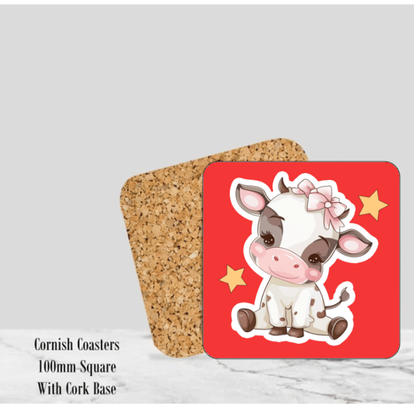Red Happy Cow Coaster 4" Square With Cork Base
