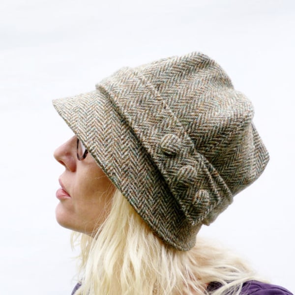 Harris Tweed Cloche Hat - Green Beige