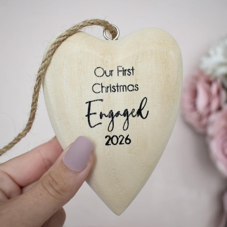 Our First Christmas Engaged 2026 Wooden Heart Engagement Christmas Ornament
