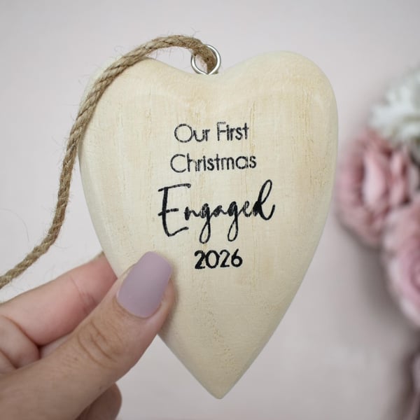 Our First Christmas Engaged 2026 Wooden Heart Engagement Christmas Ornament