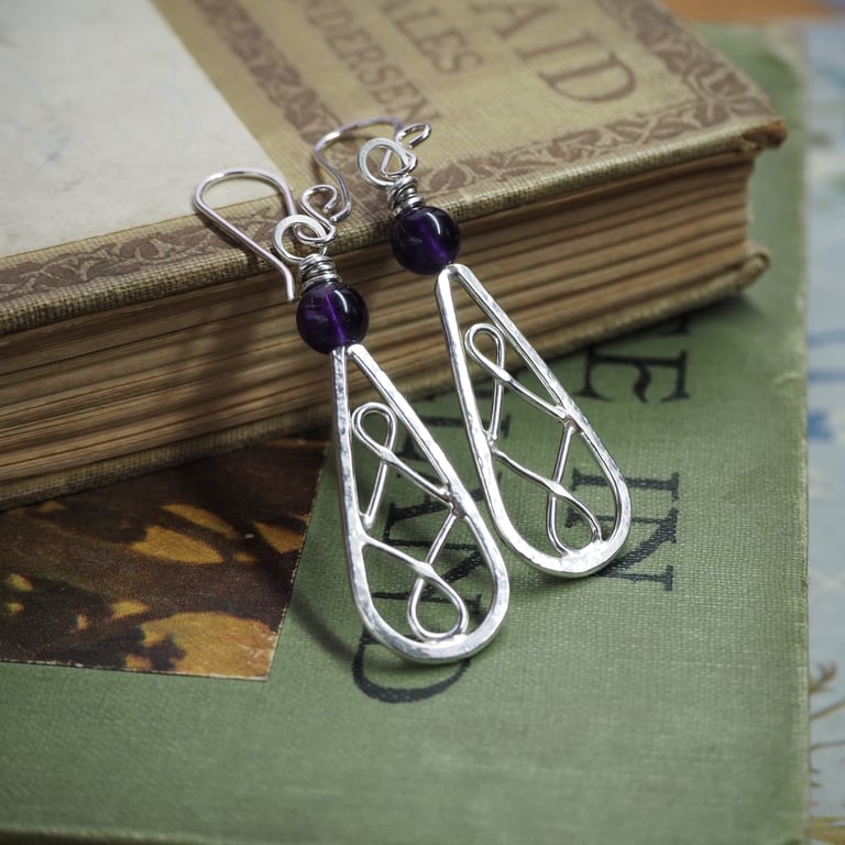 Silver and Amethyst Dangle Earrings, Long Silver Earrings, handmade jewellery