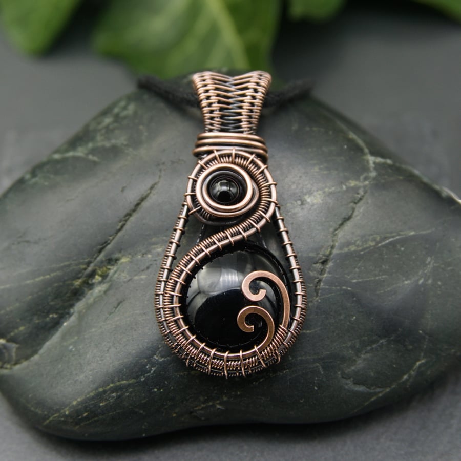 Copper Wire Woven Pendant - Black Onyx Copper Wire Wrapped Pendant Necklace