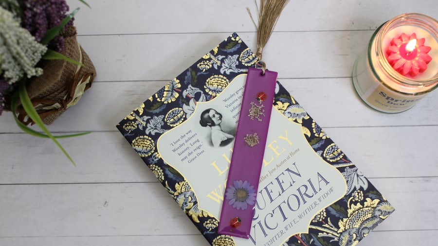 Pink Resin Bookmark with Red ladybirds and Flowers