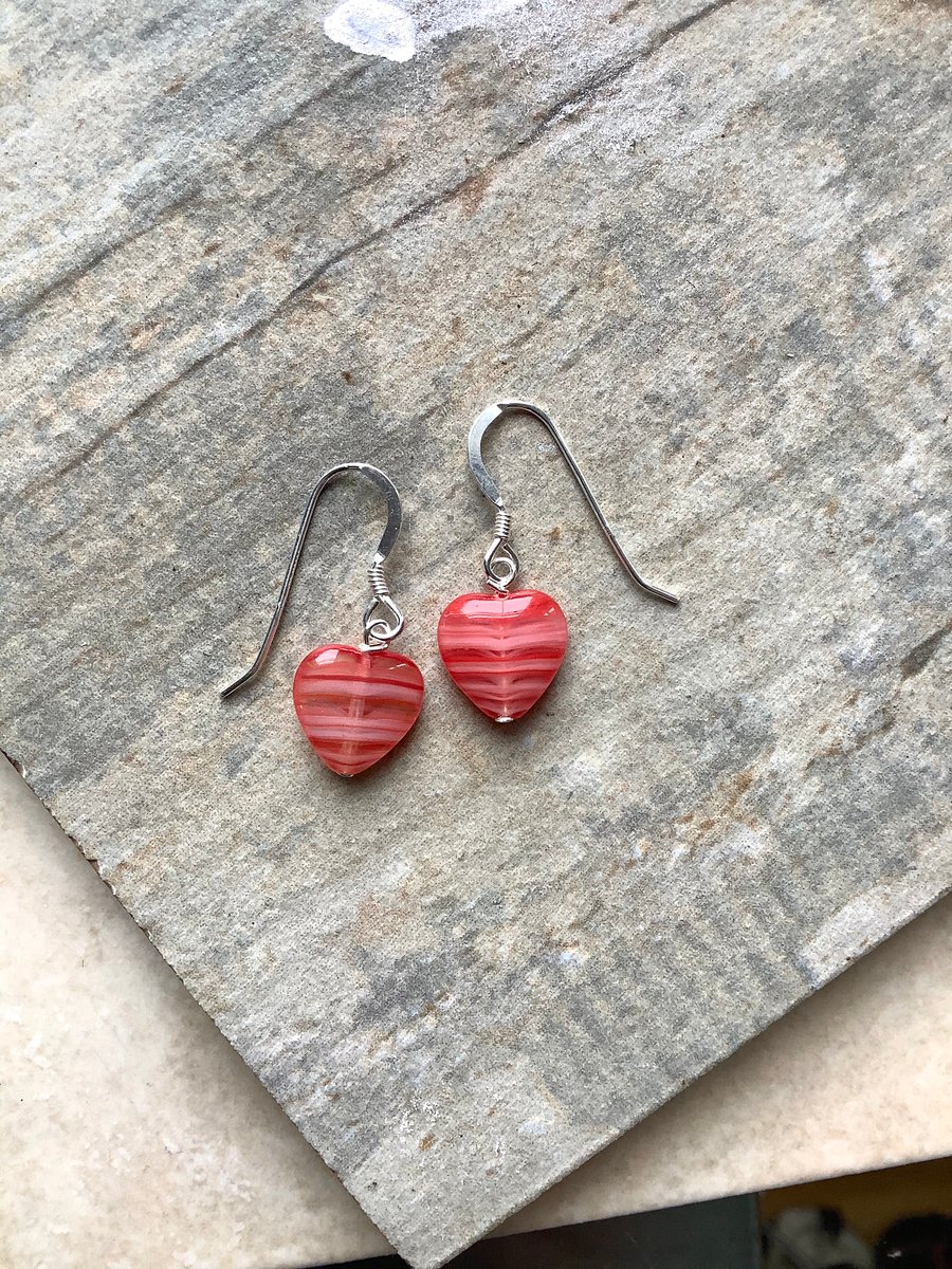 Coral and White Czech Glass Heart Drop Earrings