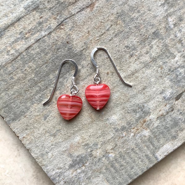 Coral and White Czech Glass Heart Drop Earrings