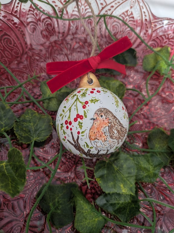 Robin and Snowdrop hand-painted ceramic Christmas bauble 