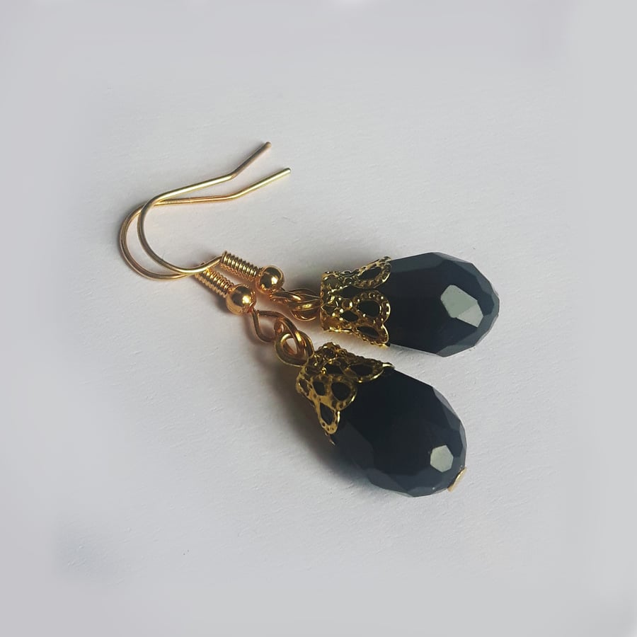 Black Crystal Gold Plate Teardrop Earrings
