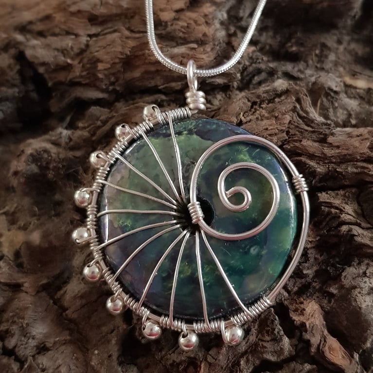 Green Ceramic Wire Wrapped Pendant Necklace - Statement Wirework Jewellery