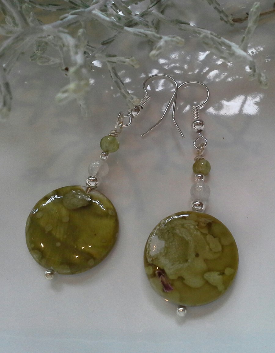 Mother of Pearl, Moonstone & Peridot Silver Plated Earrings