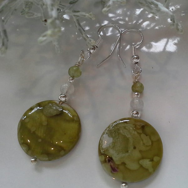 Mother of Pearl, Moonstone & Peridot Silver Plated Earrings