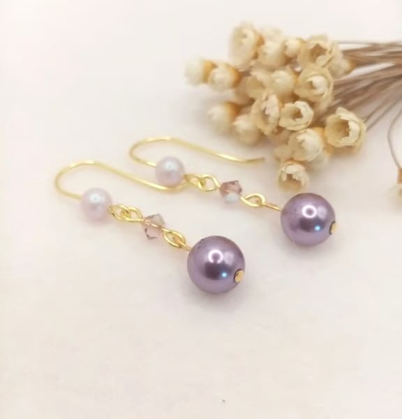 Pearl Earrings - Amethyst & Rose Crystal Pearl Earrings - Special Occasion 