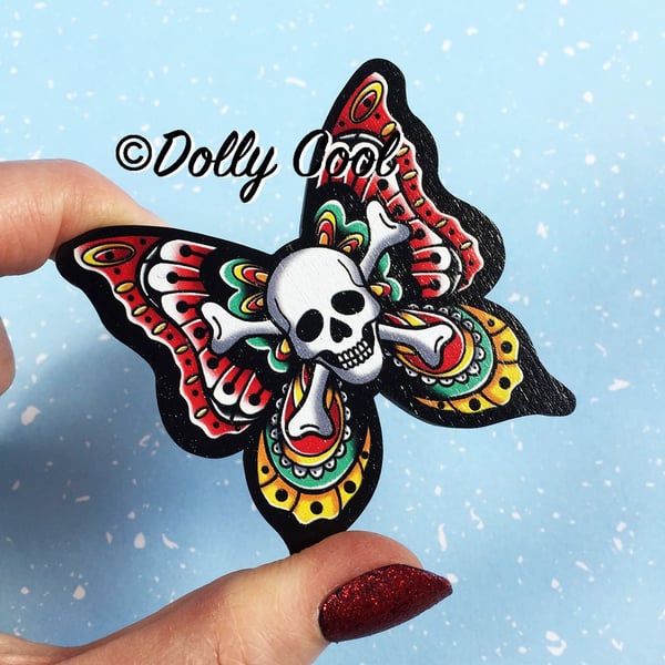 Skull Butterfly Tattoo Brooch by Dolly Cool - 40s 50s Reproduction - Gothic