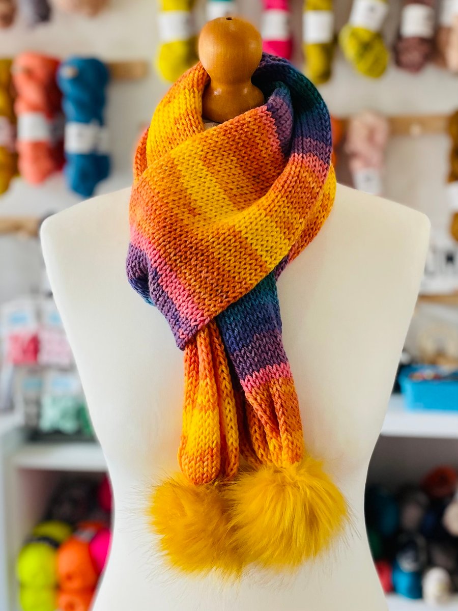 Handmade, Knit, Knitted Tube Scarf, Double Layer with Pom Poms