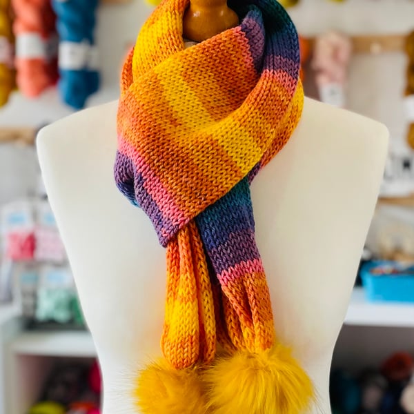 Handmade, Knit, Knitted Tube Scarf, Double Layer with Pom Poms