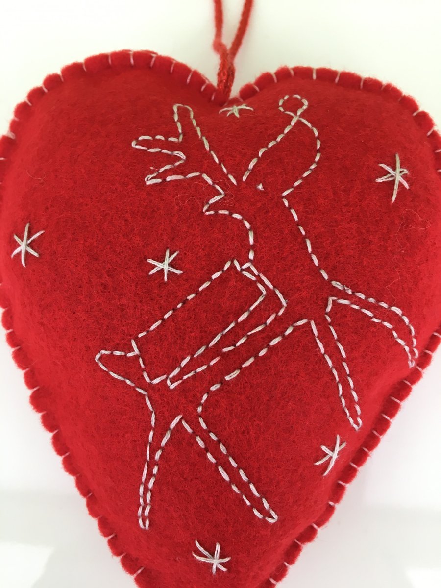 Felt Embroidered Red Christmas Heart Decoration