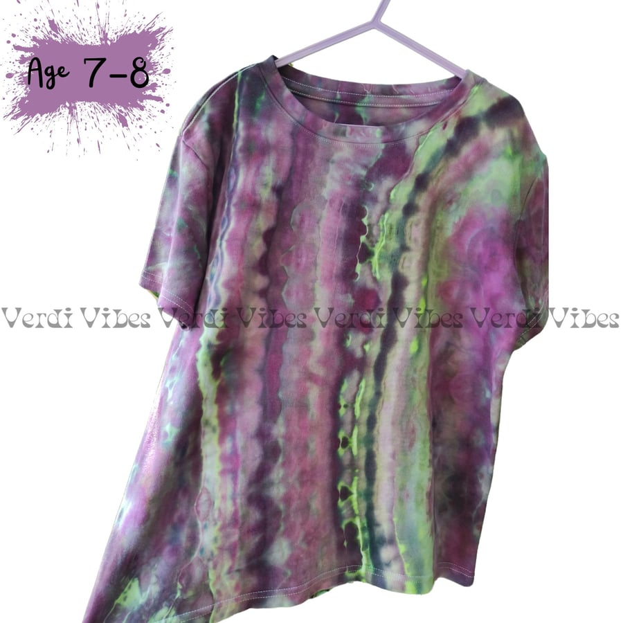 Children's ice dyed t-shirt, Age 7-8 in shades of purple. 100% cotton.