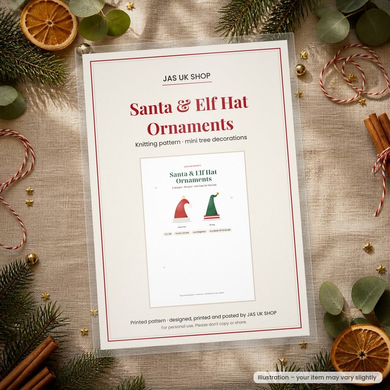 Printed Santa & Elf Hat Ornament Knitting Pattern, Mini Hats, Easy DK